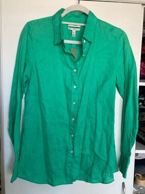 J. Crew Teal-Green 100 % Linen Top Shirt slim perfect style size 4 NWT